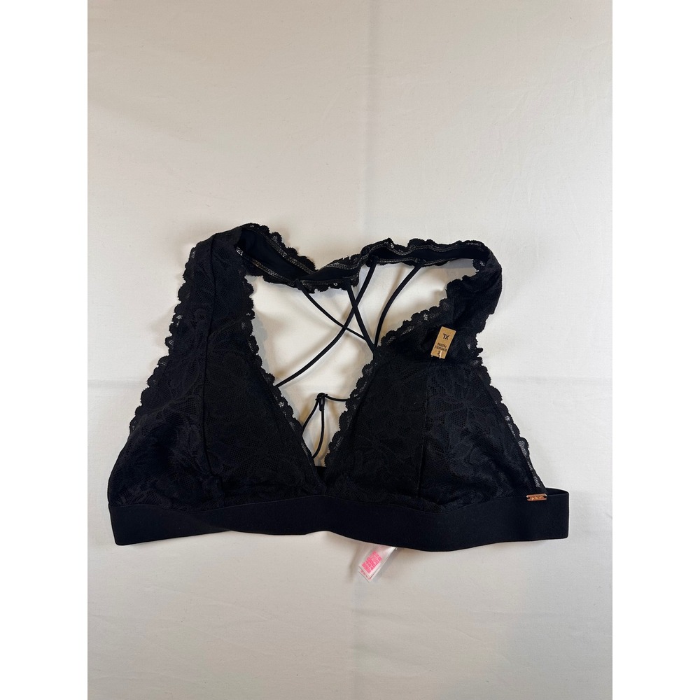 Victorias Secret PINK Black Floral Lace Strappy Back Bralette XL Bra New
